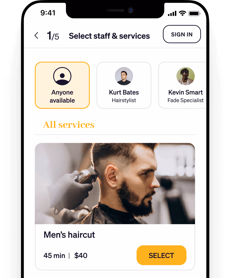 Mobile app screen for selecting barber staff and services with option for men's haircut lasting 45 minutes costing $40.
