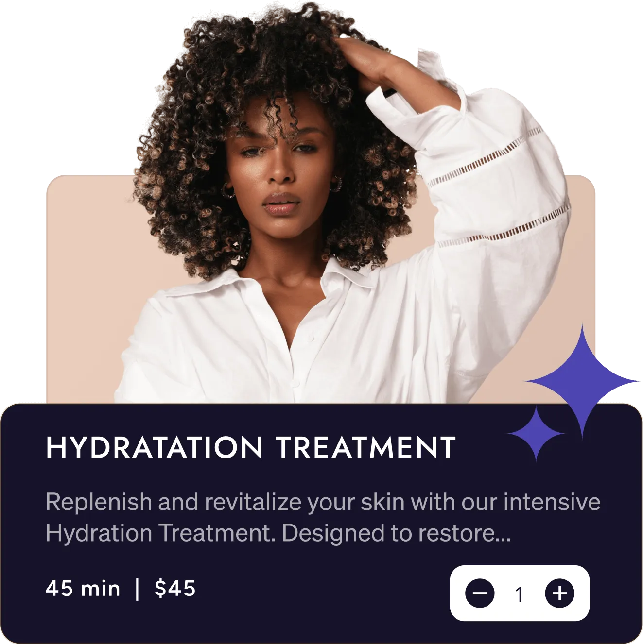 Woman with curly hair in white blouse advertising a hydration treatment for skin rejuvenation, priced at $45 for 45 minutes.