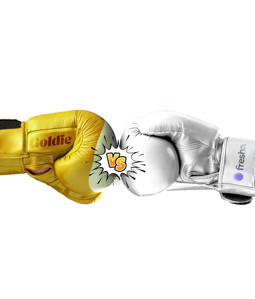 Yellow boxing glove labeled Goldie and white boxing glove labeled fresha facing each other with a comic-style 'VS' between them.