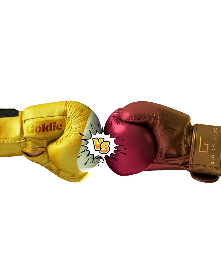 Yellow boxing glove labeled Goldie versus maroon boxing glove labeled GlossGenius facing each other with a comic-style 'VS' between them.