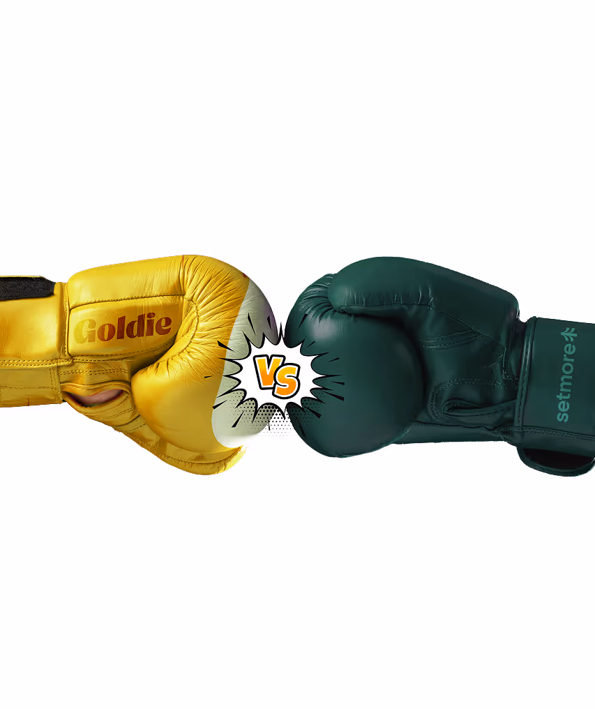 Yellow boxing glove labeled Goldie facing green boxing glove labeled Setmore with a comic style 'VS' between them.