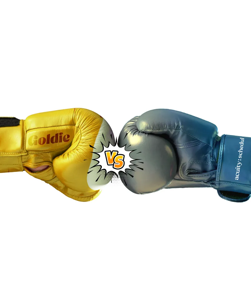 Golden boxing glove labeled Goldie facing a dark blue boxing glove labeled acuity scheduling with a comic-style 'vs' between them.