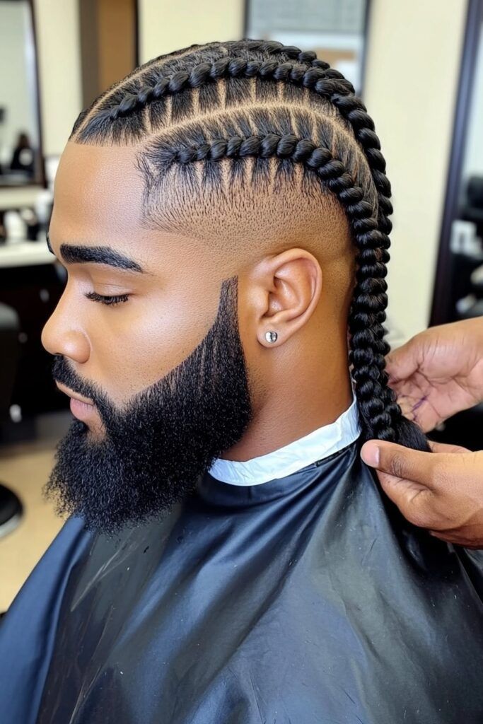 Man getting stitch braids for men with skin fade and beard at barbershop