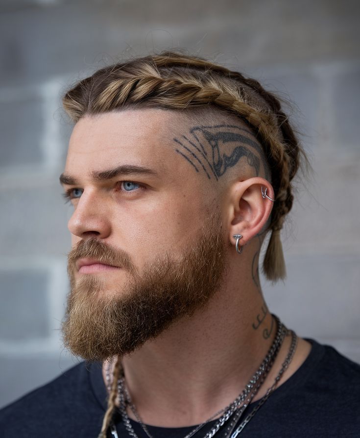 Man with Viking warrior braid for men with undercut fade head tattoo and full beard