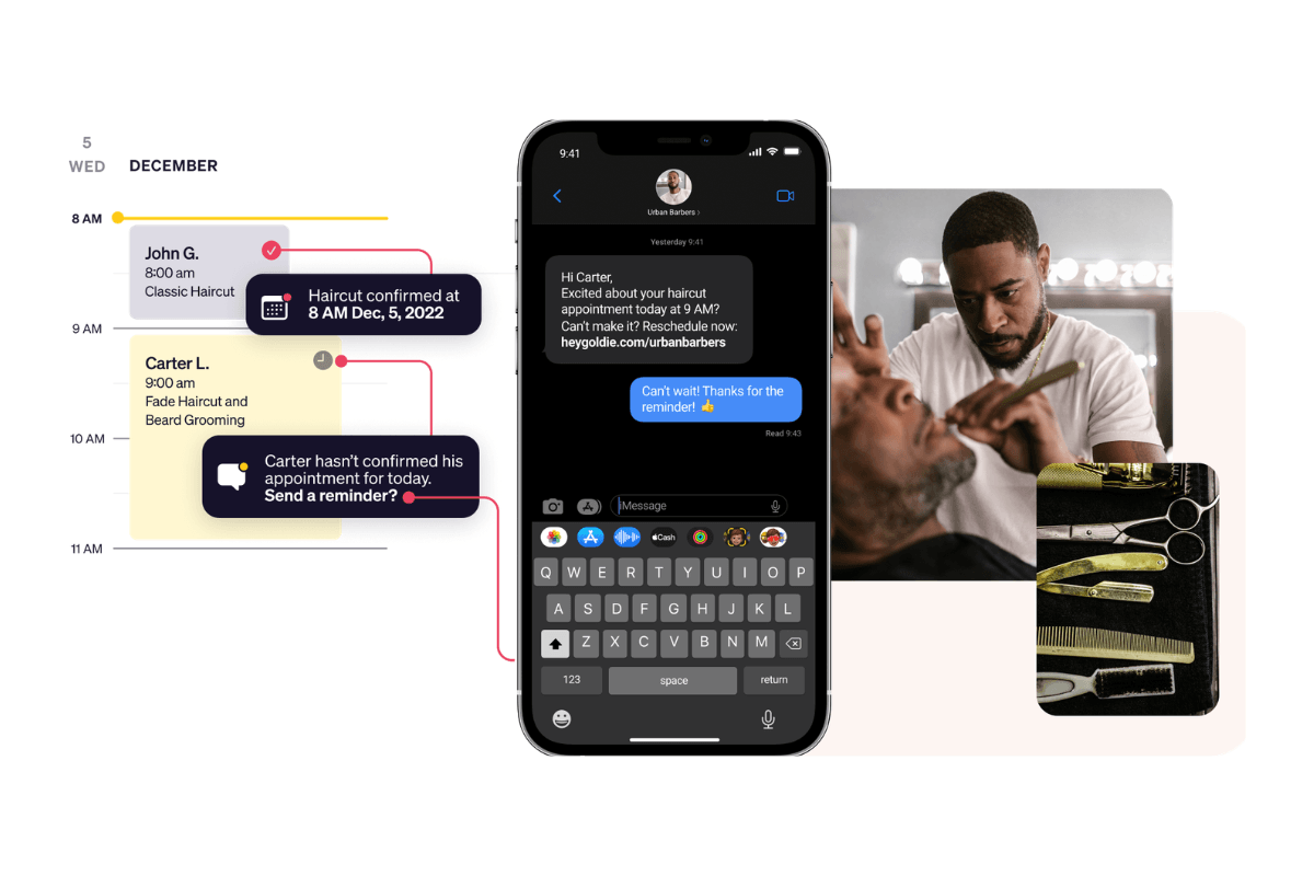 Barber using a booking app to send automated appointment reminders to clients