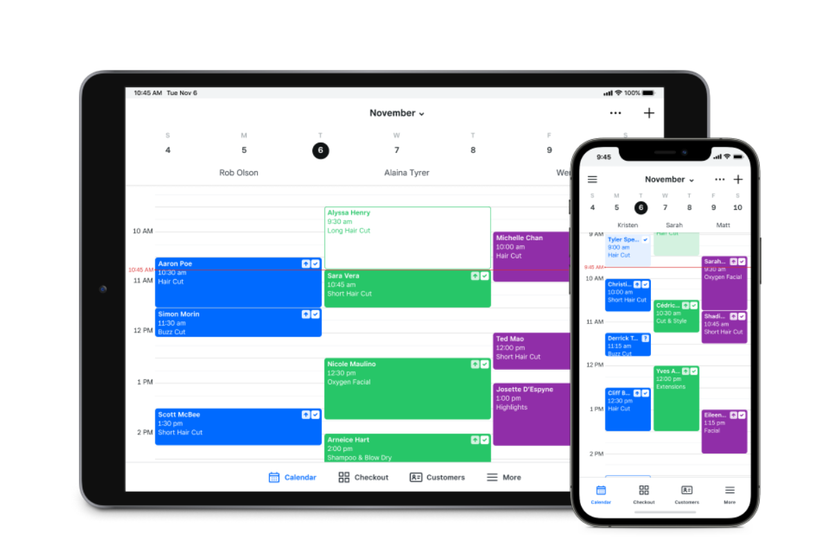 Square Appointments calendar showing barber shop schedules across tablet and mobile devices