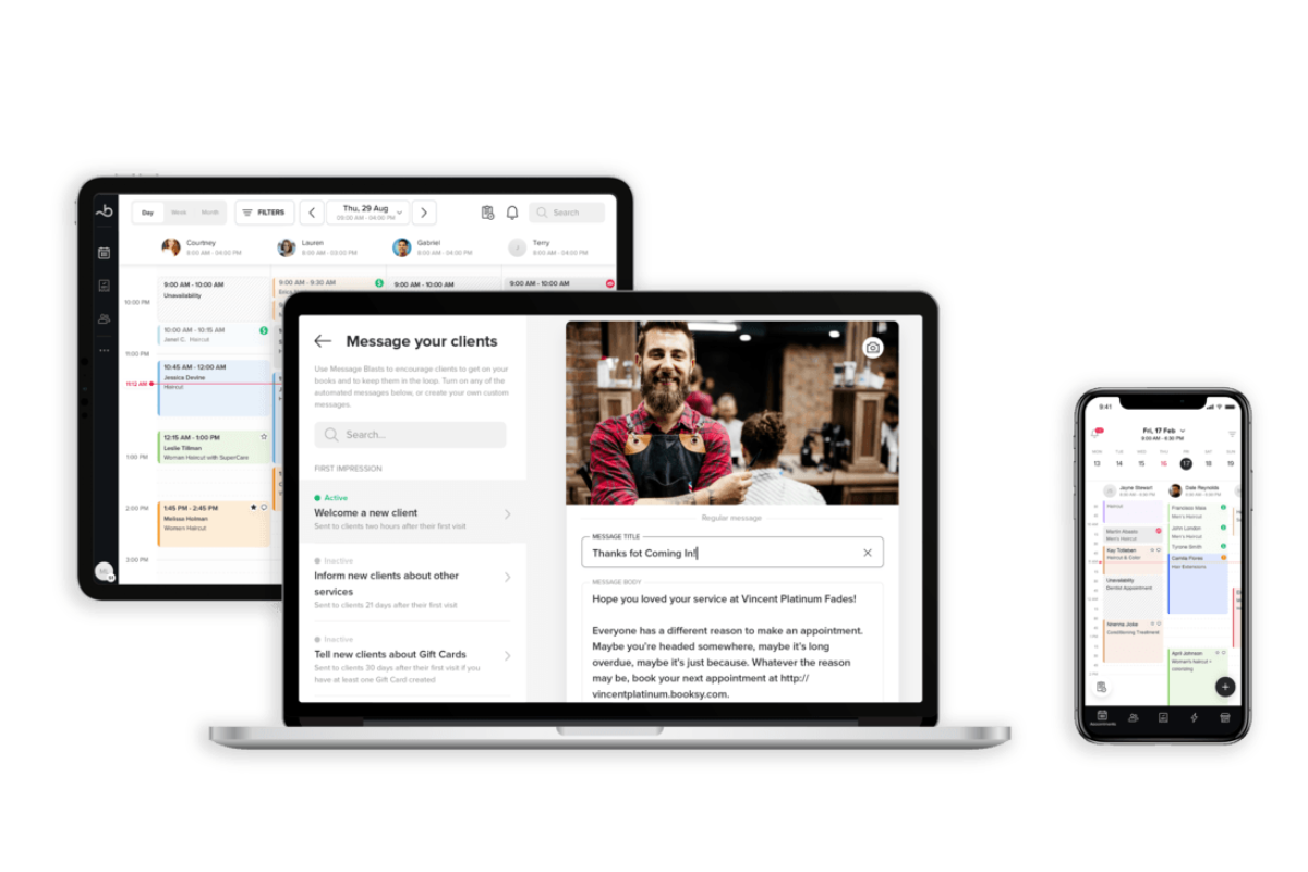 Booksy scheduling app showing client messaging and appointment calendar across desktop and mobile devices
