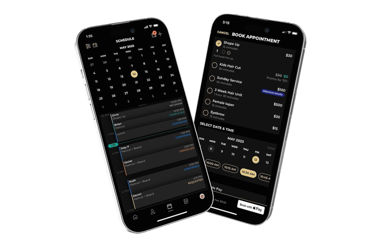 theCut barber booking app showing appointment schedule and service selection on mobile devices