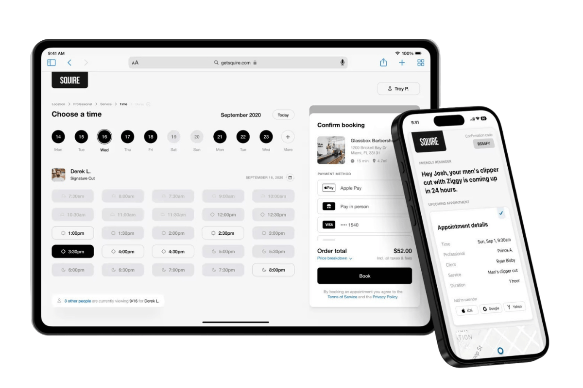 SQUIRE barber booking app showing appointment scheduling and payment confirmation across tablet and mobile devices