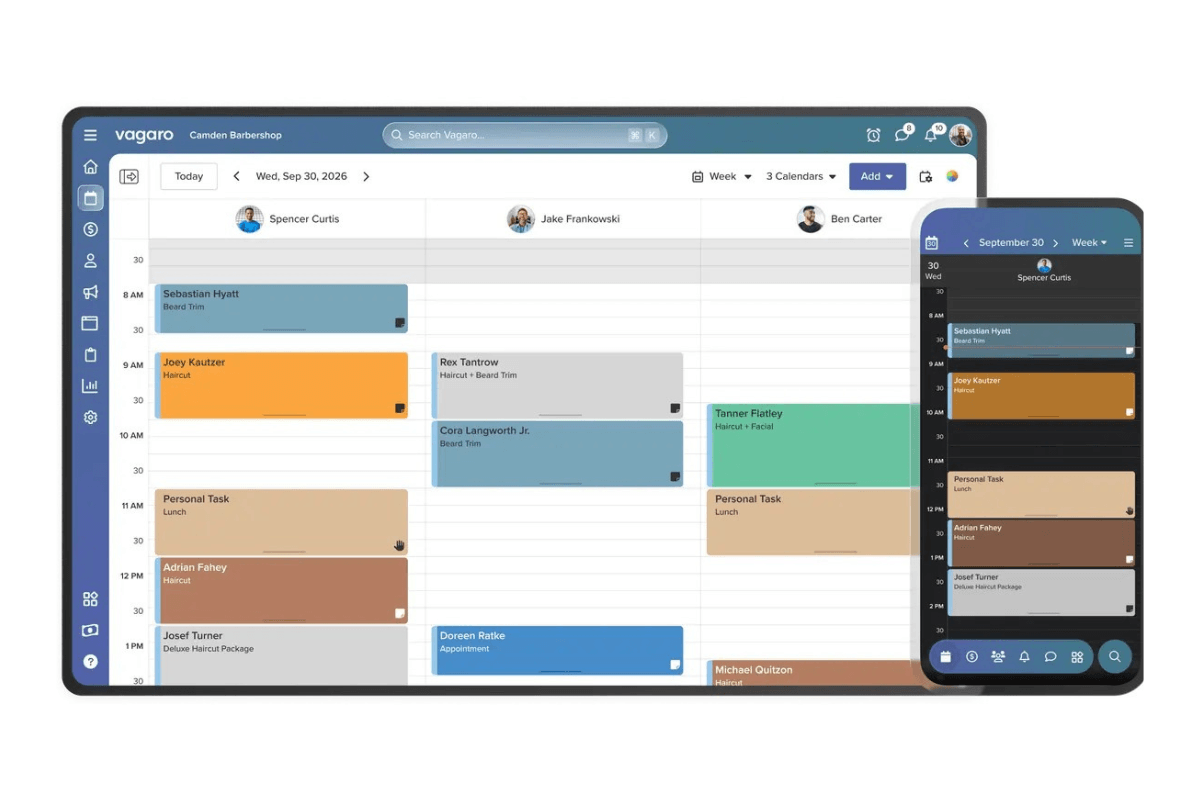 Vagaro scheduling dashboard showing multi-staff barber shop calendar with appointments across desktop and mobile