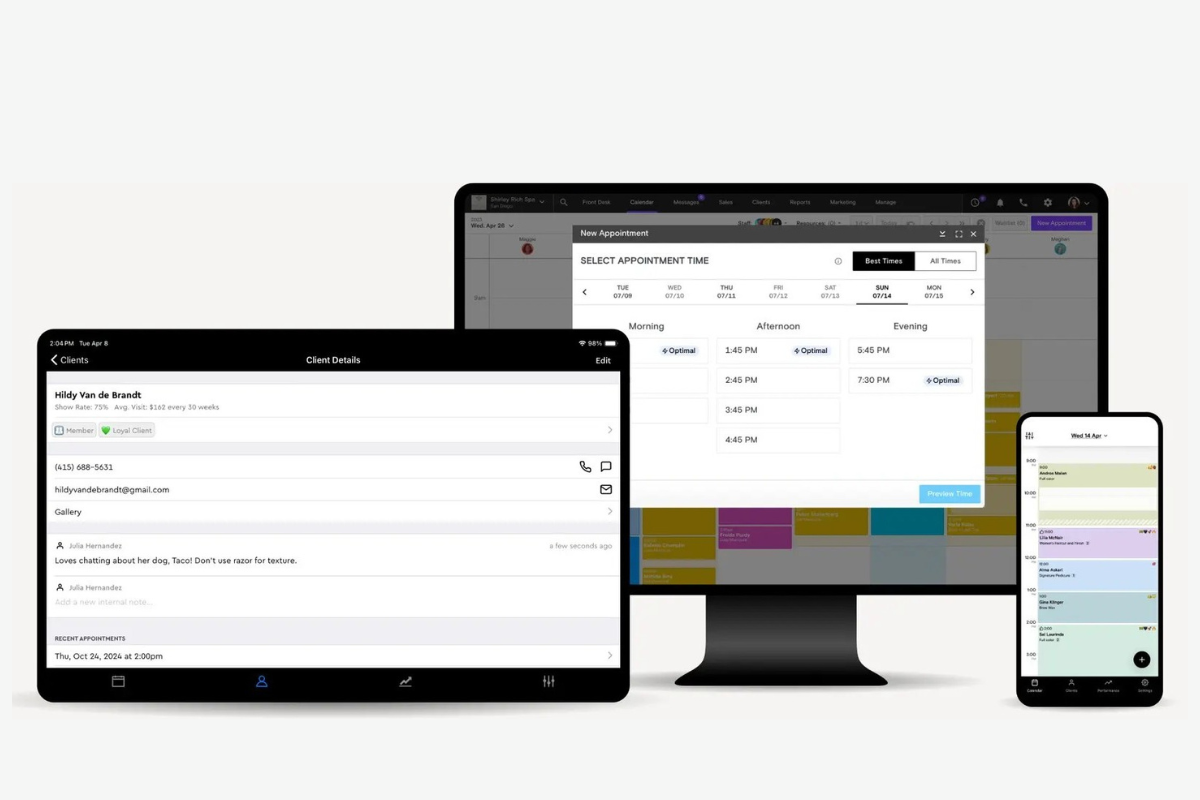 Boulevard booking software showing detailed client profiles and smart appointment scheduling across desktop tablet and mobile