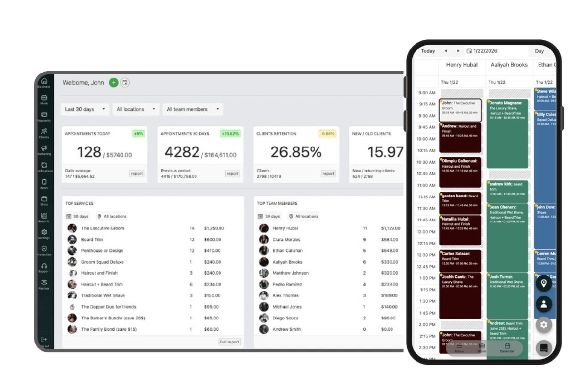 barber shop management dashboard showing appointments revenue and team performance across desktop and mobile