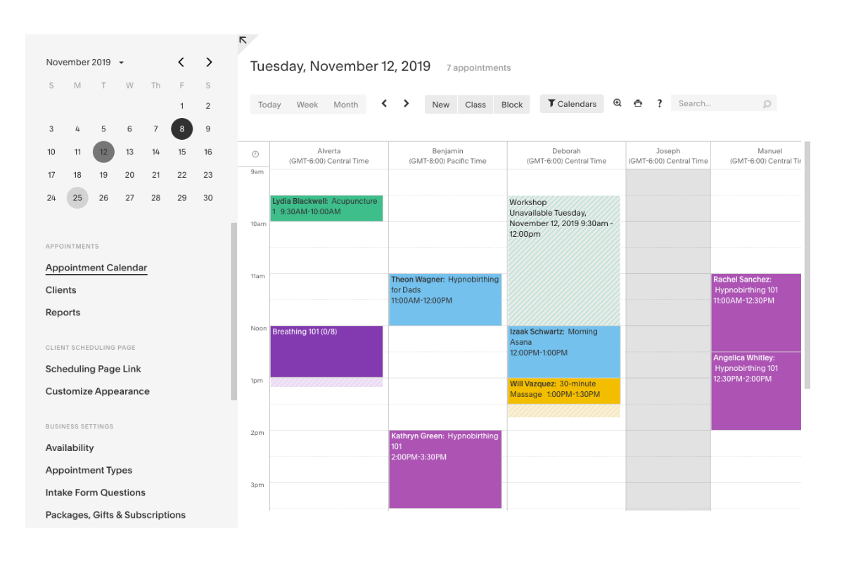 Acuity Scheduling appointment calendar showing multi-staff availability and booking management