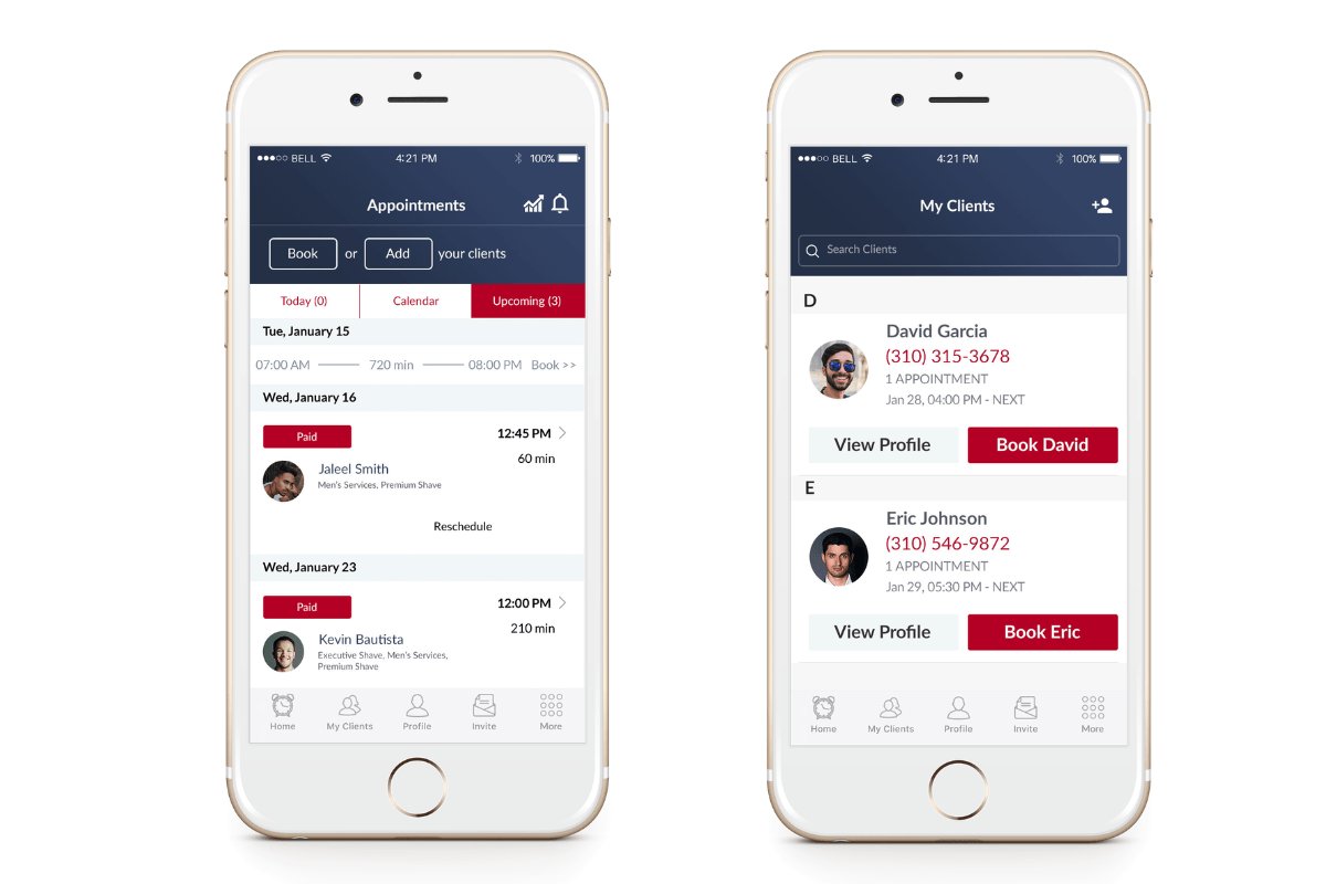 Ring My Barber app showing appointment scheduling and client management on mobile
