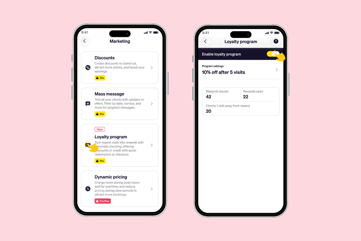 Goldie app showing the loyalty program settings screen with rewards issued, rewards used, and clients close to earning a reward