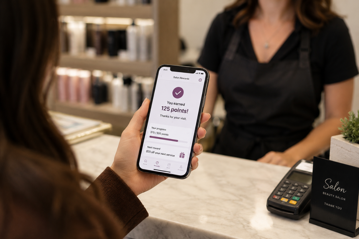 A salon client holding a smartphone showing a loyalty rewards app with 125 points earned and a progress bar toward the next reward, at a salon checkout counter