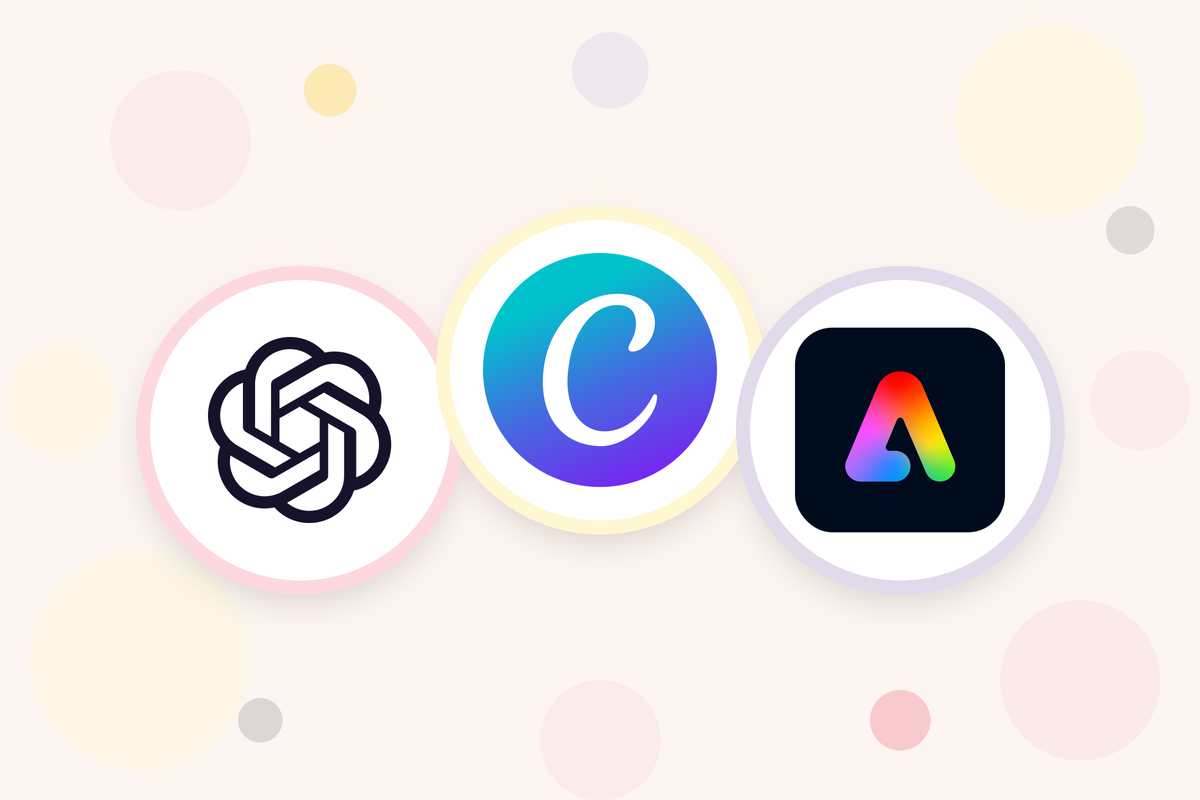 ChatGPT, Canva, and Adobe Express logos, three AI marketing and social content tools for beauty pros.
