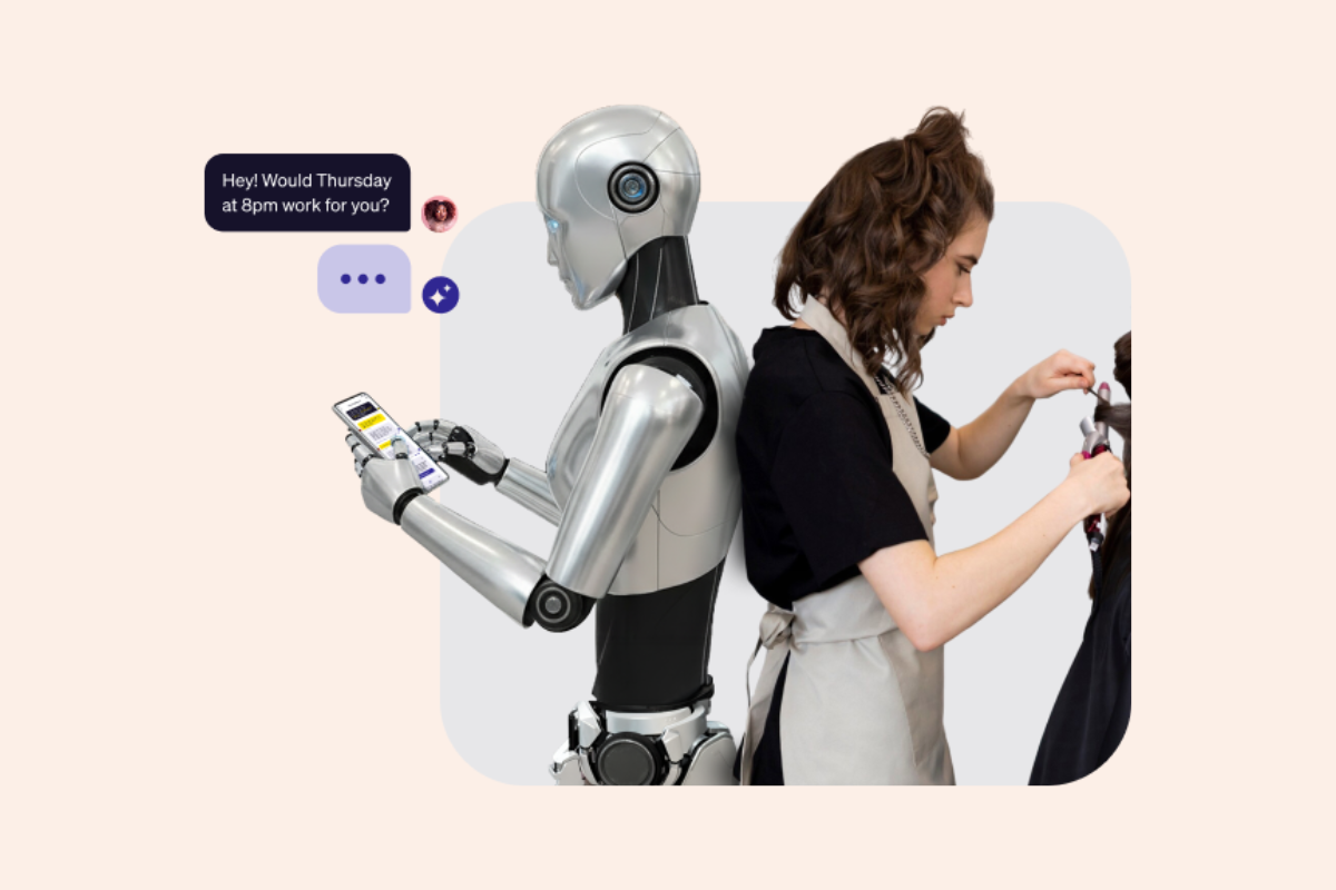Goldie AI Receptionist replying to a client message about booking while a beauty pro works with a client.