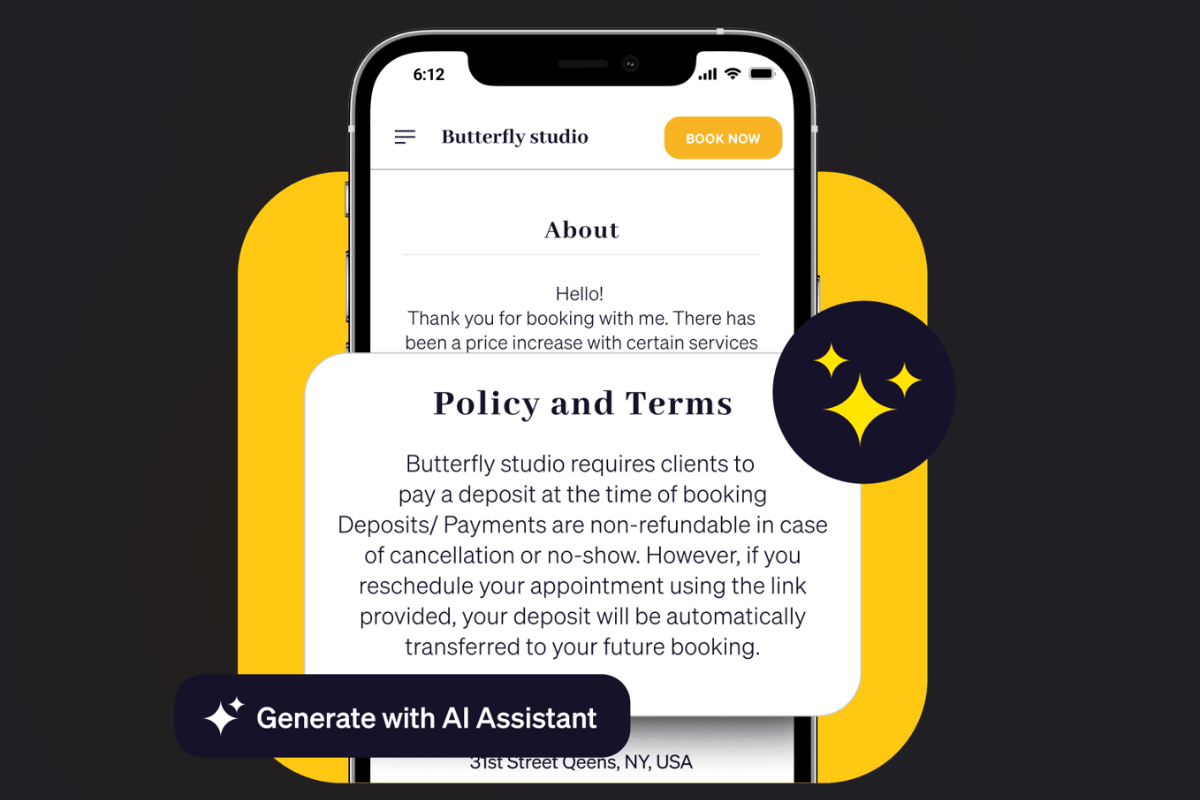 Goldie AI Policy Generator creating cancellation, deposit, and no show terms on a beauty booking page.