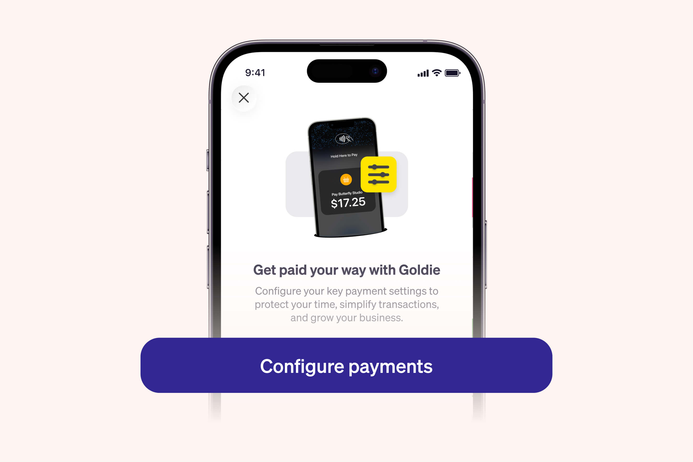 Goldie configure payments screen, the first step to set up payment processing