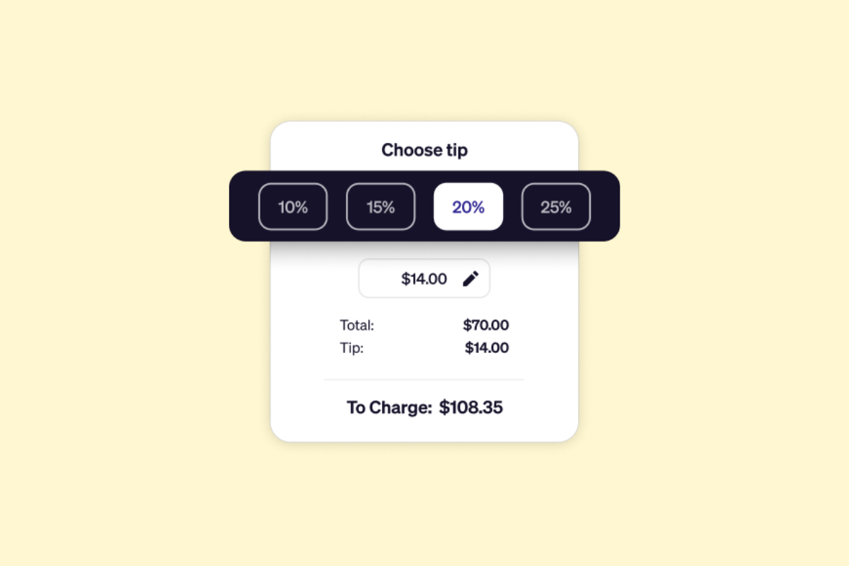 Goldie checkout screen with preset tip options of 10, 15, 20, and 25 percent plus a custom amount