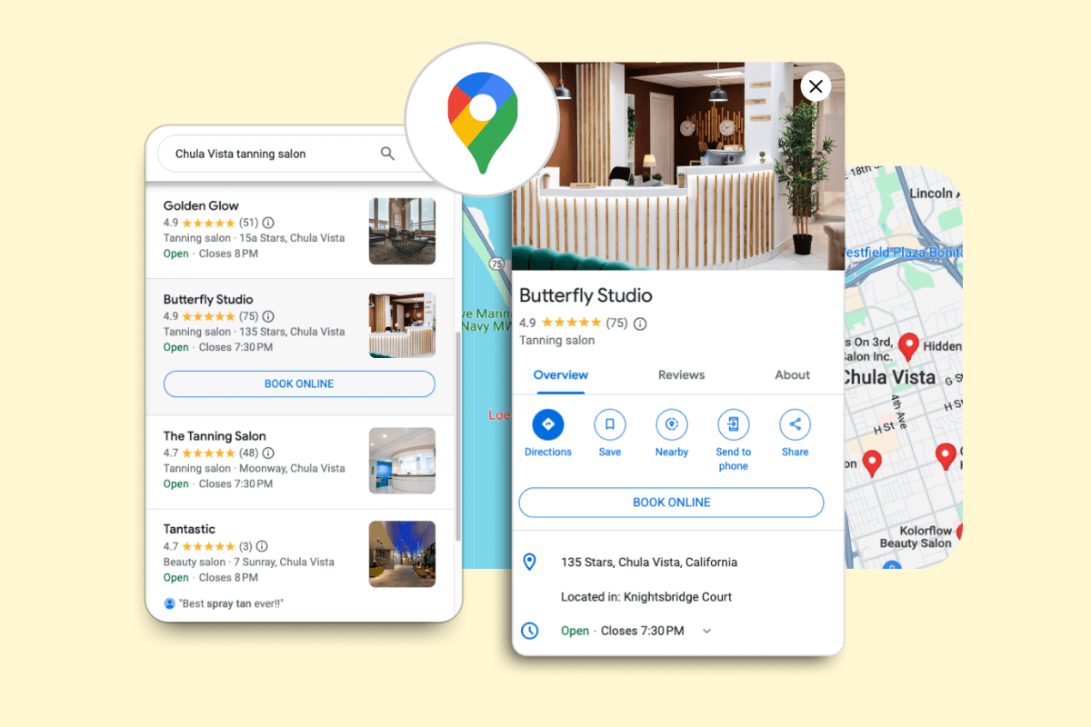 Google Search and Maps results showing a salon profile with a Book Online button for Reserve with Google
