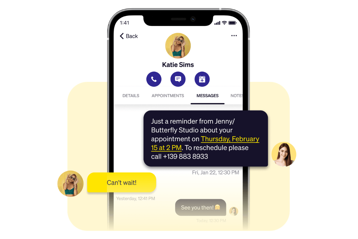 Goldie client profile with two-way texting, showing how beauty professionals can manage client communication and appointment details in one app.