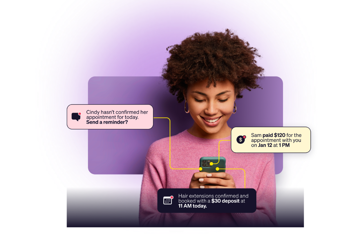 Goldie reminder, appointment confirmation, and deposit notifications showing how beauty professionals can reduce no-shows.