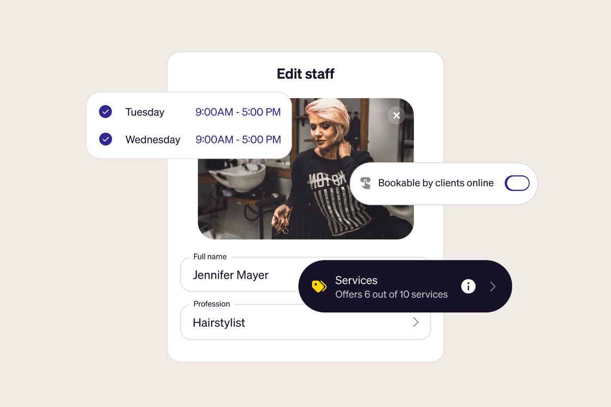 Goldie team management screen showing staff scheduling, services, and online booking settings for salon team members.