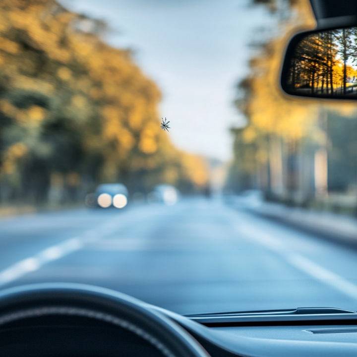 Innenaufnahme aus dem Fahrerseitz eines Autos mit Sicht nach draußen durch die Windschutzscheibe mit einem Steinschlag