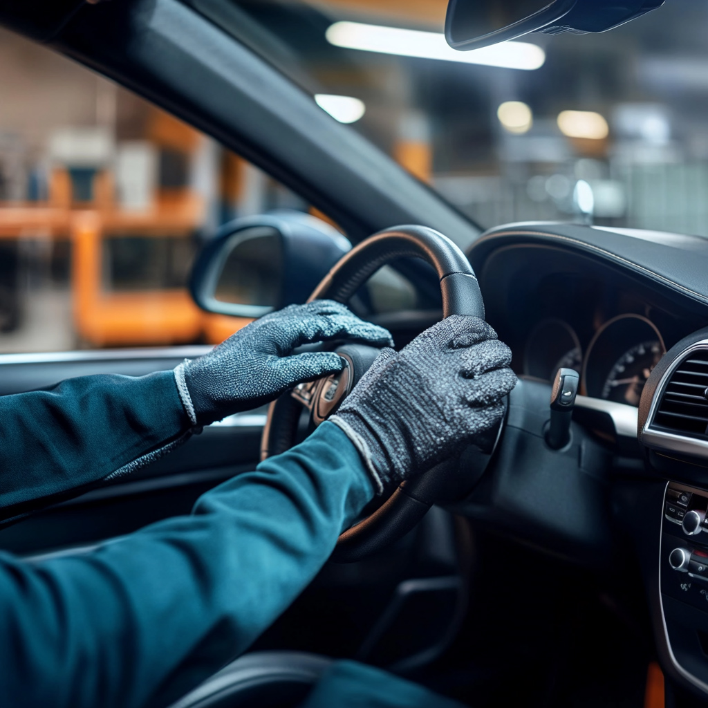Eine Person mit Handschuhen greift an das Lenkrad eines Autos