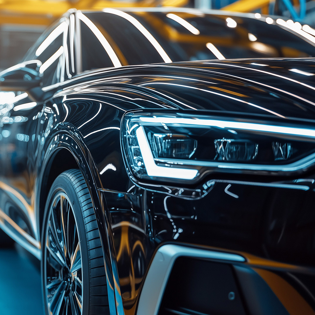 Nahaufnahme eines Autos, auf der die vordere rechte Ecke des Fahrzeugs zu sehen ist: Front-Scheinwerfer, Rad, Seitenspiegel