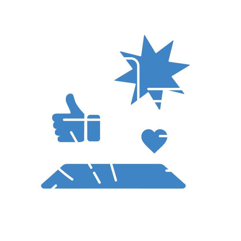 Blue icons showing a thumbs-up, a cursor click with a burst, and a heart above a rectangular base.