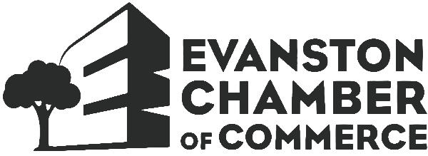 Evanston Chamber of Commerce logo with stylized circular design and the words 'Evanston Chamber' in black on a dark gray background.