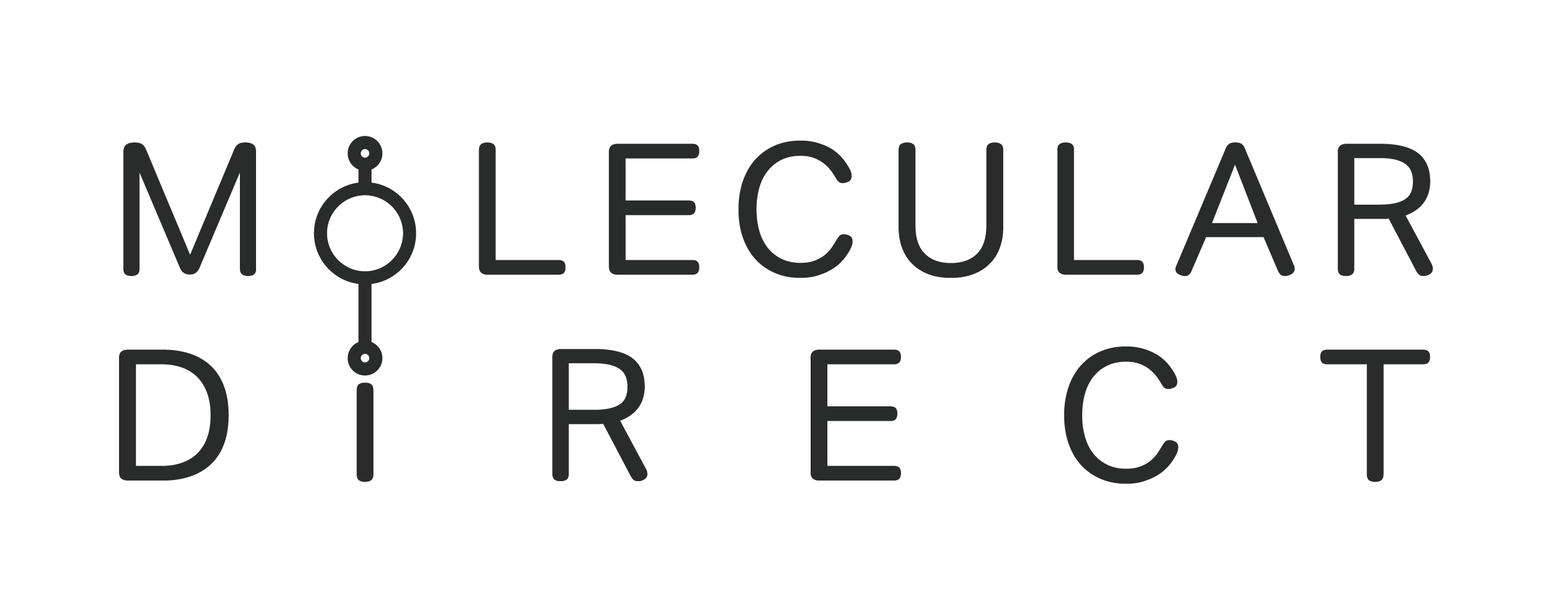 Logo with the words 'MOLECULAR DIRECT' in uppercase letters, featuring a vertical molecular diagram replacing the letter 'O' in 'MOLECULAR' and the letter 'I' in 'DIRECT'.