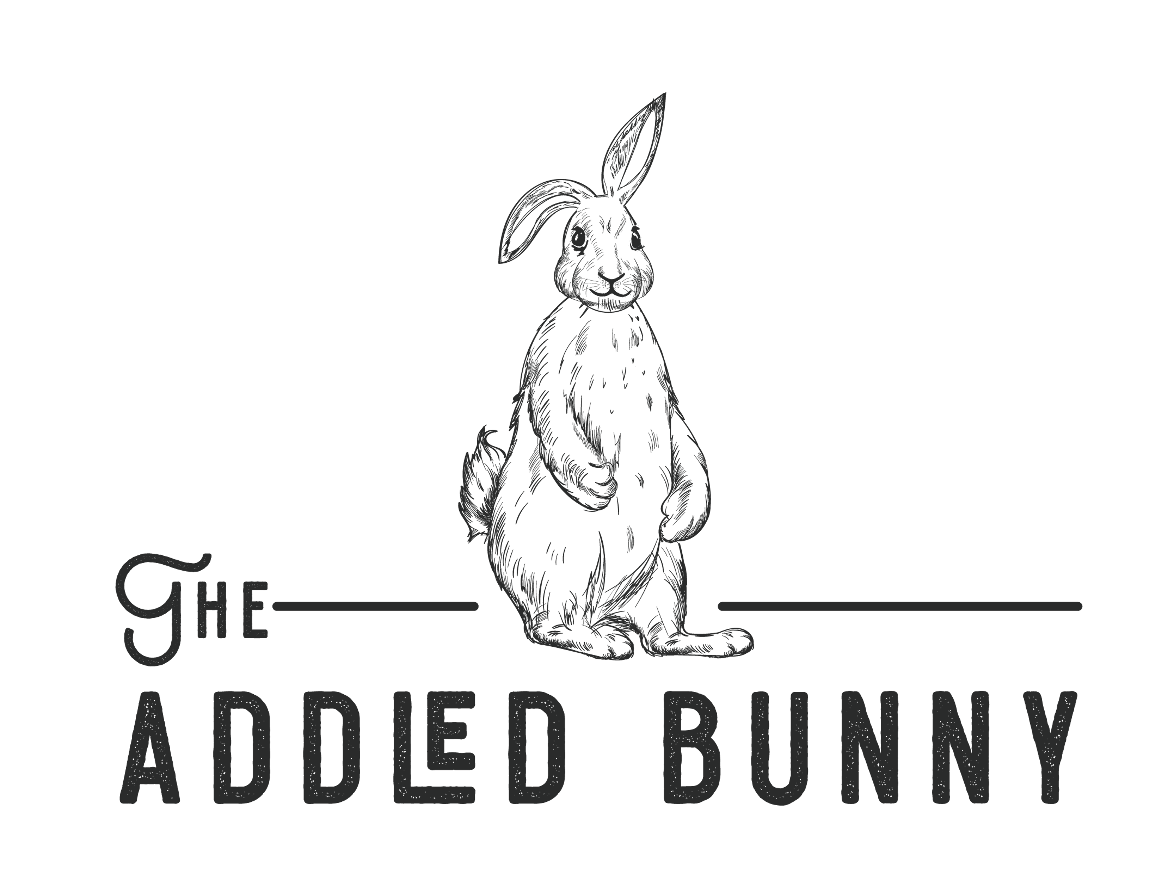 Black and white hand-drawn illustration of a standing rabbit with one ear up and one ear down, centered above the text 'The Addled Bunny'.