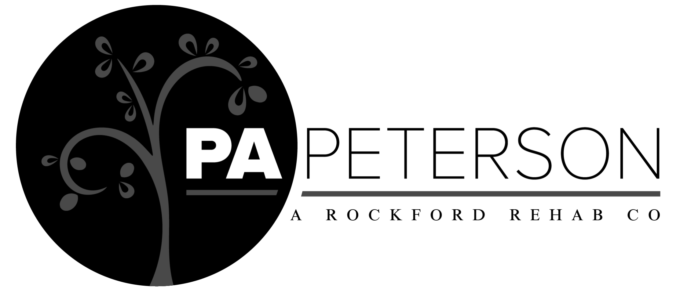 Stylized tree with curved branches and teardrop-shaped leaves to the left of the word PETERSON in uppercase letters with an underline extending from the tree base under the text.