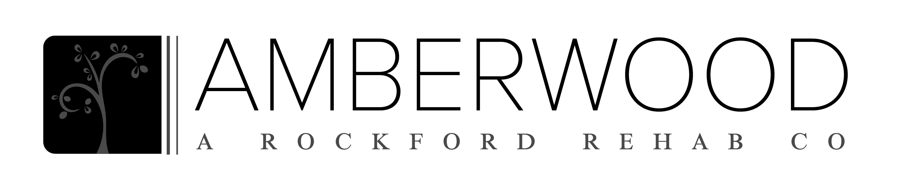 Logo with a stylized small tree with leaves next to two vertical parallel lines, followed by the text 'Amberwood | A Rockford Rehab Co' in uppercase letters on a black background.