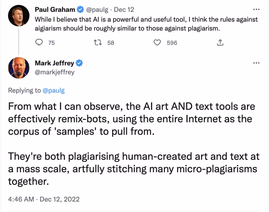 screenshots of Twitter conversations about AI and plagiarism