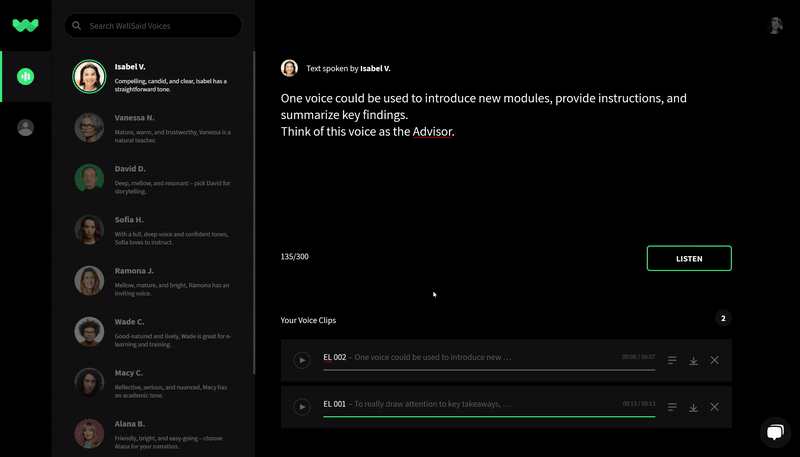 WellSaid Studio - gif showing repopulate editor with text