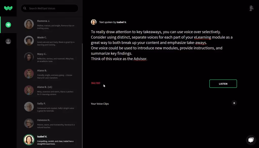 WellSaid Studio - screenshot showing excess characters in editor
