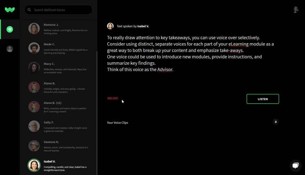 WellSaid Studio - screenshot showing excess characters in editor