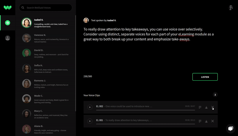 WellSaid Studio - gif showing delete, undo, download