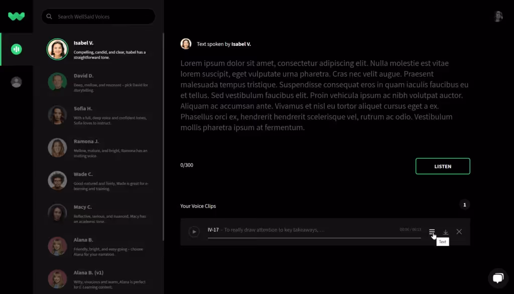 WellSaid Labs - screenshot depicting cursor over text icon for script edits