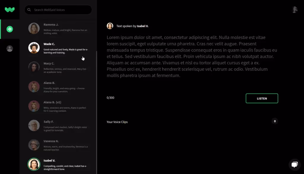 WellSaid Studio- screenshot showing voice selection