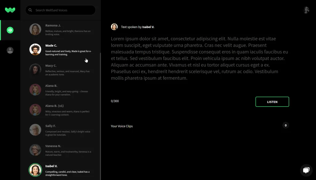 WellSaid Studio- screenshot showing voice selection