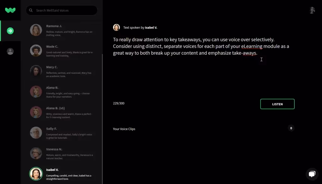 WellSaid Studio - screenshot showing text entered into editor