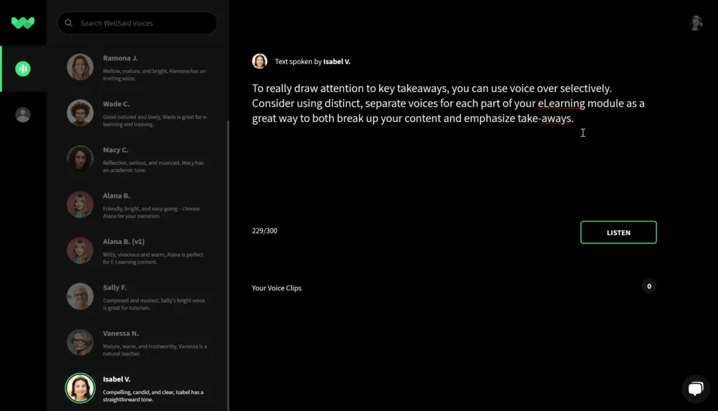WellSaid Studio - screenshot showing text entered into editor