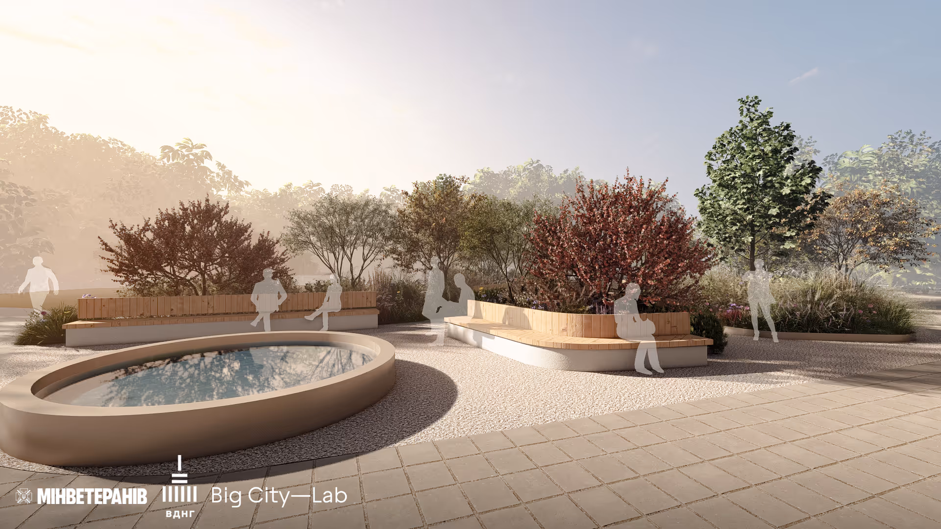 Декоративна водойма з зоною відпочинку серед дерев та грядок у терапевтичному саду ВДНГ Київ