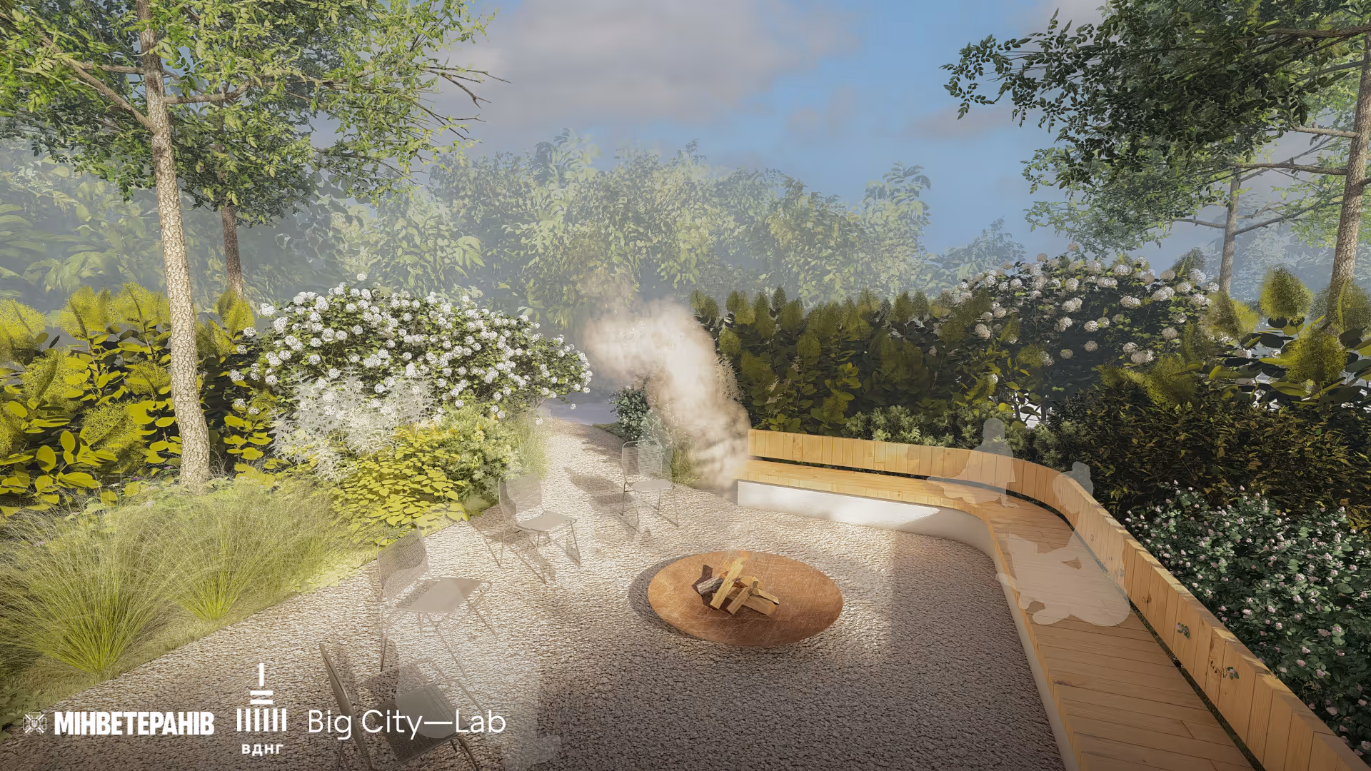 Зелена кімната Коло тепла з круговими лавками для групових зустрічей у терапевтичному саду ВДНГ Київ